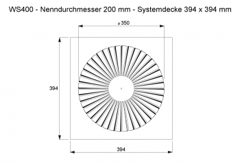 Dralldurchlass WS400 Ø200mm Systemplatte 394x394mm<br>aus Stahl, RAL 9010 (reinweiß) lackiert